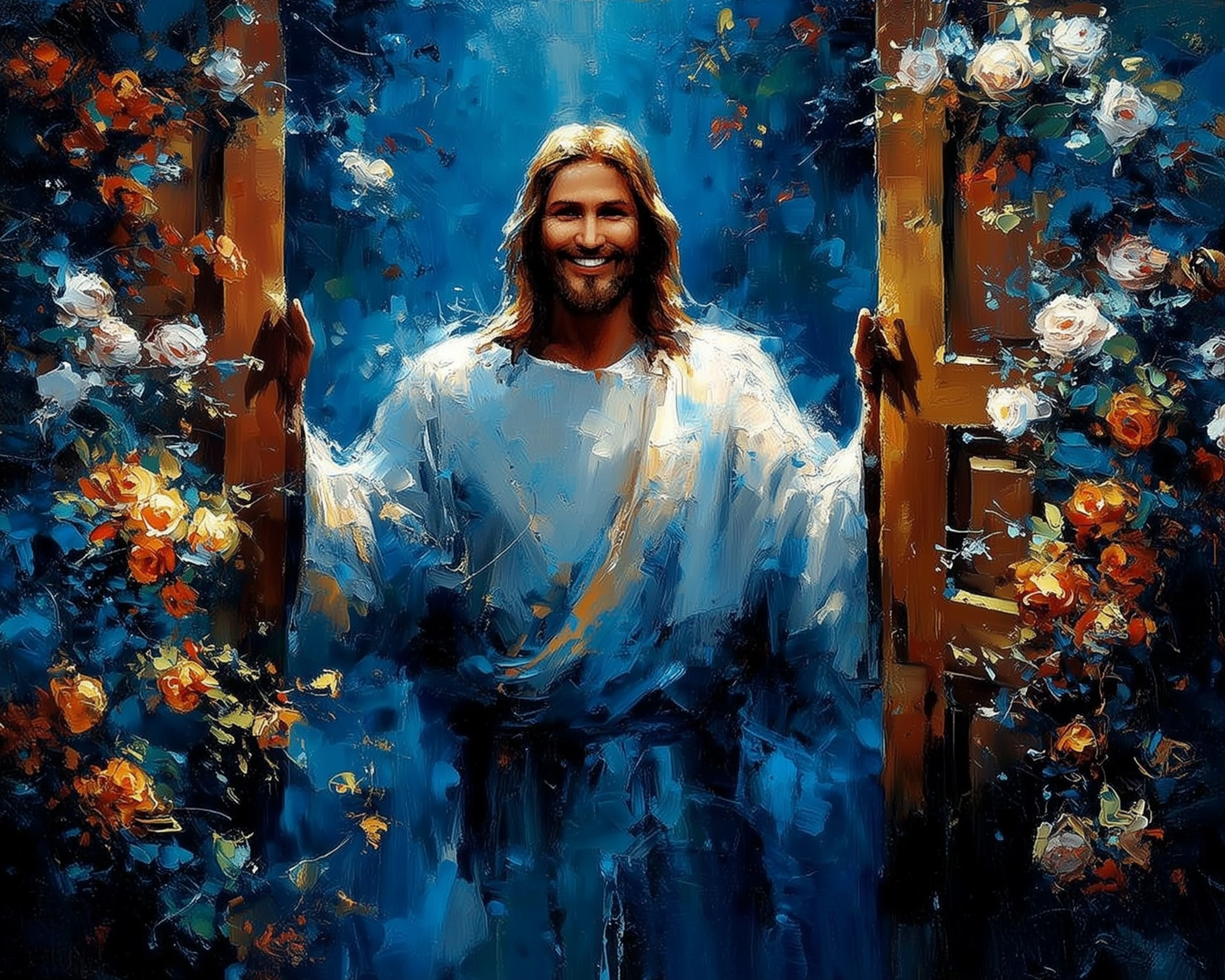 A person wearing a white robe stands smiling in an open doorway, surrounded by vibrant roses on both sides. The background features a rich blue color, creating a serene and inviting atmosphere.