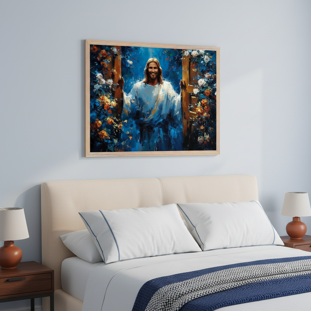 Modern bedroom with a beige upholstered bed and white bedding. A large framed painting of Jesus smiling in blue robes, opening wooden doors surrounded by colorful flowers against a blue background, hangs above the bed in a painterly style.