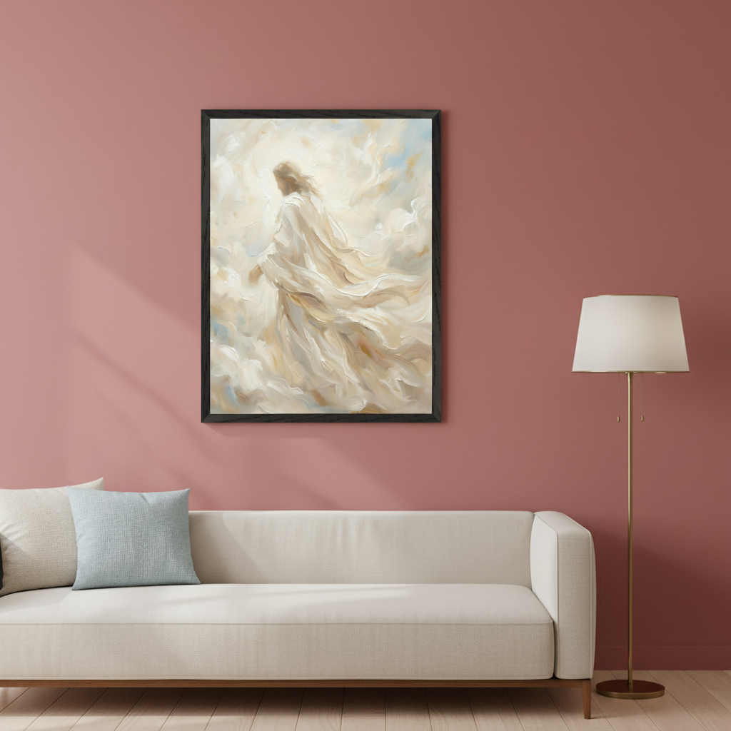 Modern living room with a cream sofa and a gold floor lamp against a pink wall. A black-framed impressionistic painting of a robed figure amidst bright clouds hangs above the sofa.