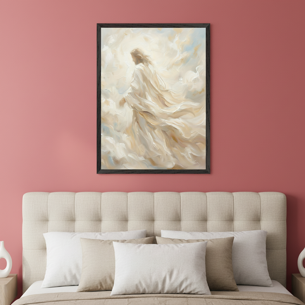 Modern bedroom with a beige upholstered bed and headboard against a pink wall. A large framed painting of a flowing figure in white robes surrounded by light and painterly clouds hangs centered above the headboard.