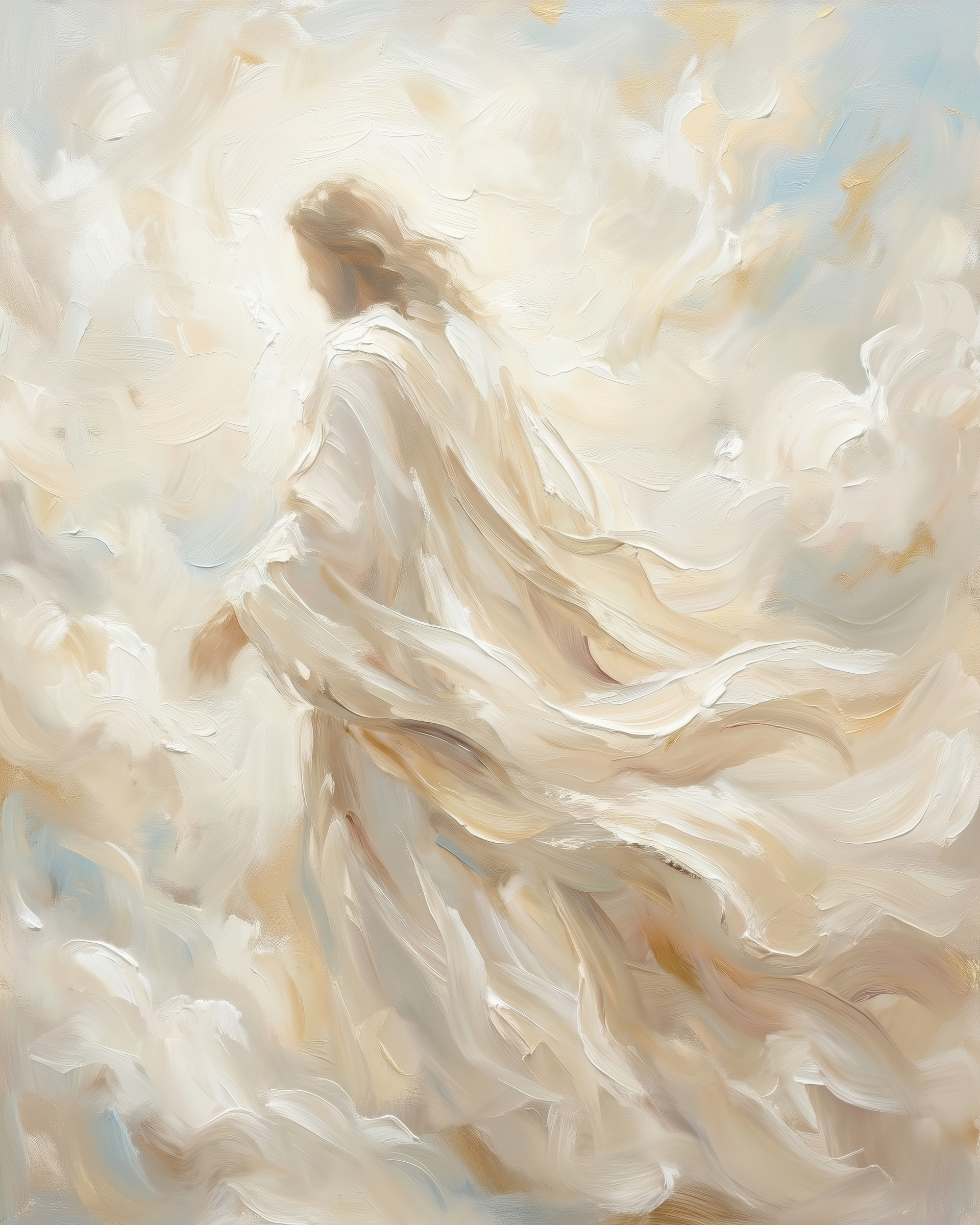 Soft, ethereal painting of a robed figure in white surrounded by light clouds, suggesting a heavenly or spiritual presence.
