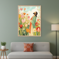 Modern living room with a light gray sofa. A large framed painting of a bearded man looking up in a field of colorful tulips hangs centered above the sofa. A plant sits on a side table; a floor lamp stands nearby.