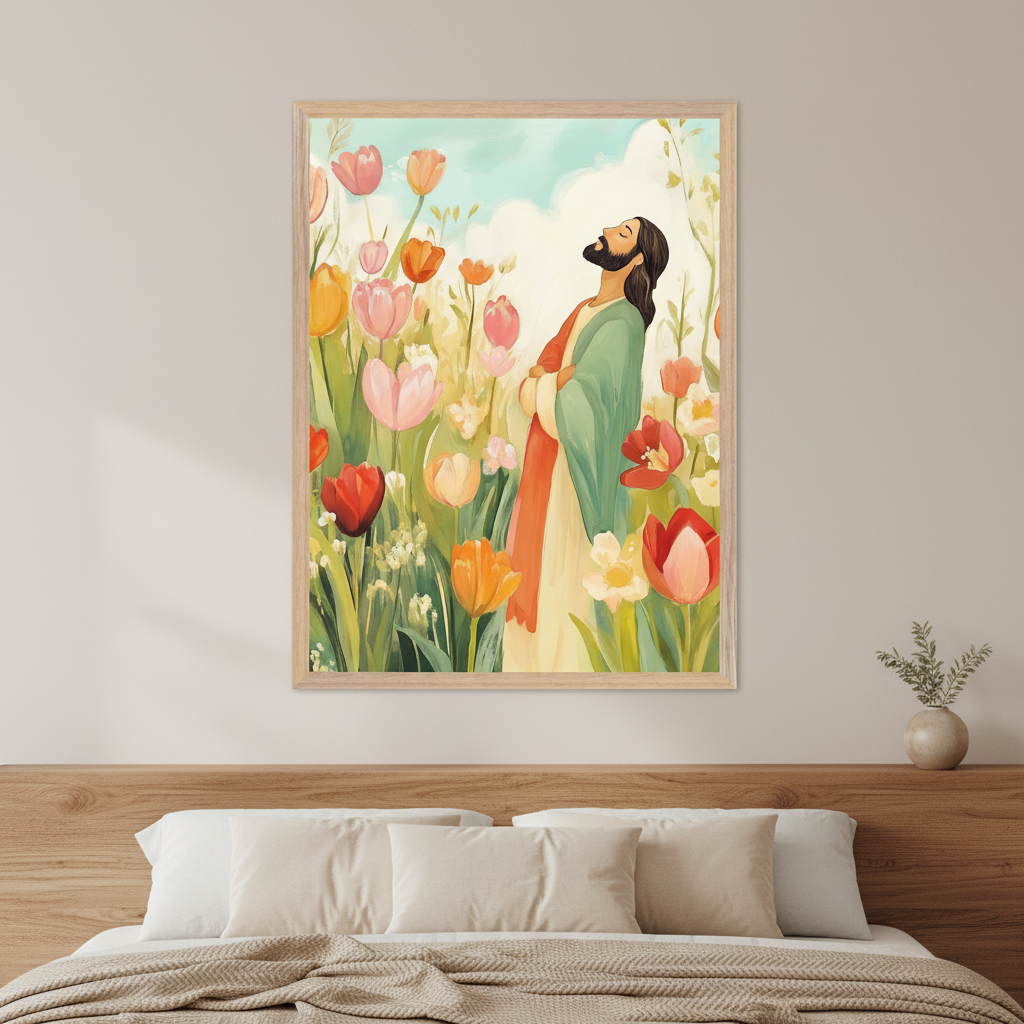Modern bedroom with a wooden headboard and bed with pillows. A framed painting of a bearded man in a green and red robe in a field of colorful tulips, looking up at a blue sky, hangs above the bed. A small potted plant is on a nightstand to the right.