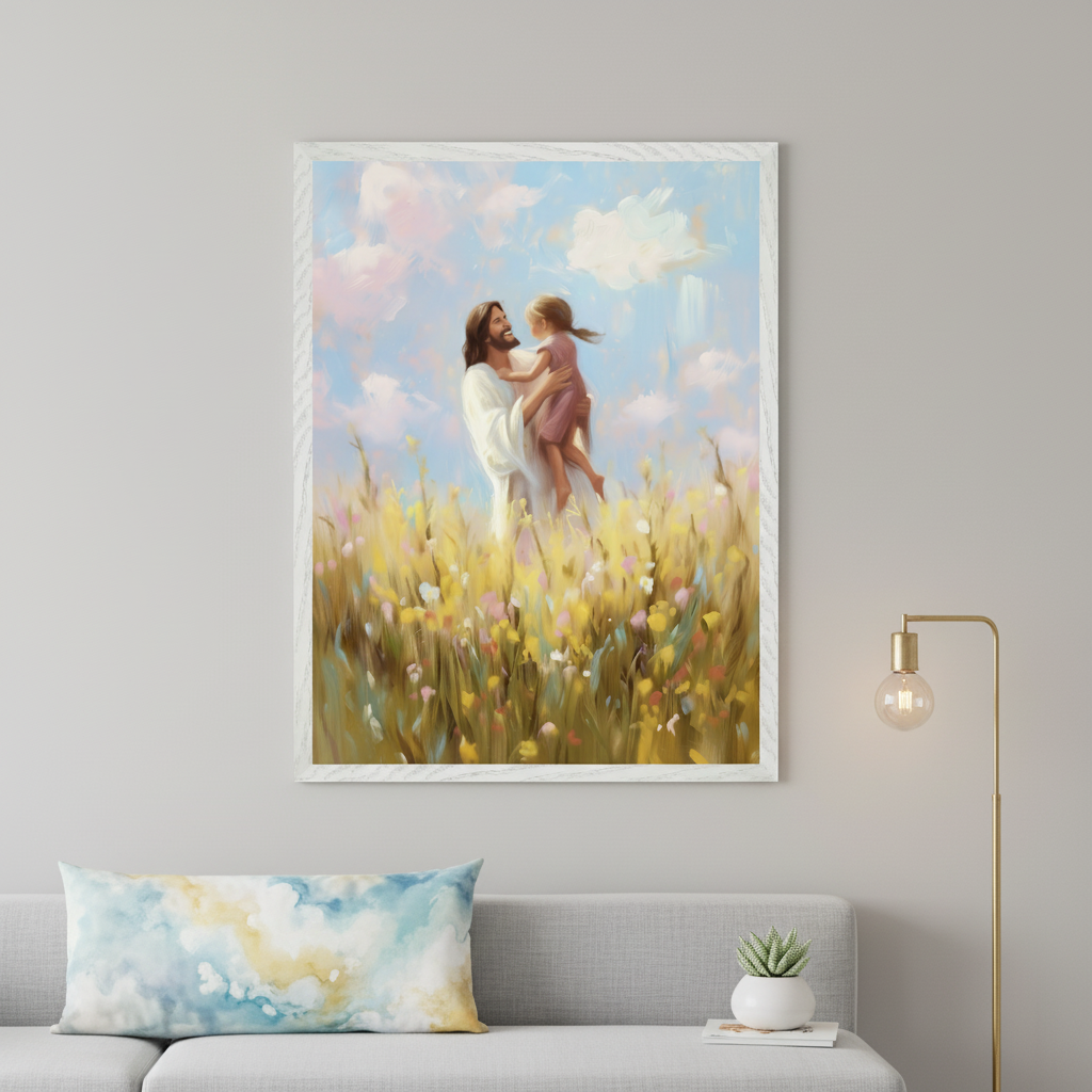 Living room with a gray sofa against a light gray wall. A large framed impressionistic painting of Jesus holding a small child in a field of colorful wildflowers hangs above the sofa. A gold floor lamp stands to the right, and a watercolor-style pillow is on the sofa.