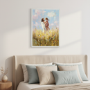 Modern bedroom with a bed featuring a beige headboard. A framed, painterly artwork depicting Jesus holding a child in a field of wildflowers under a cloudy sky hangs centered above the bed.