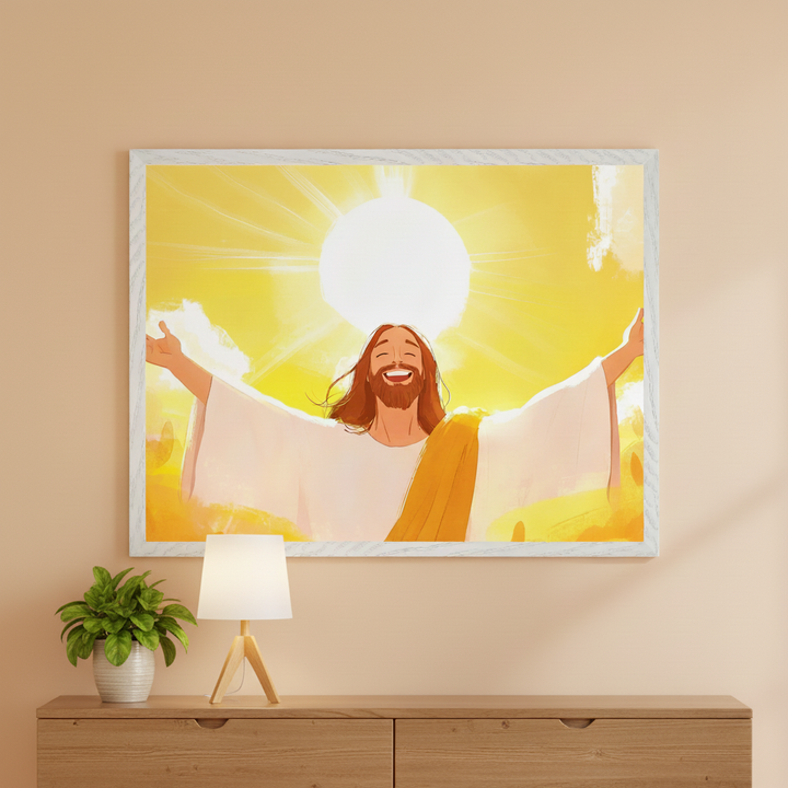 Centered above it hangs a framed illustration of a smiling Jesus with open arms, bathed in bright yellow sun rays. A green plant and a table lamp are on the dresser.