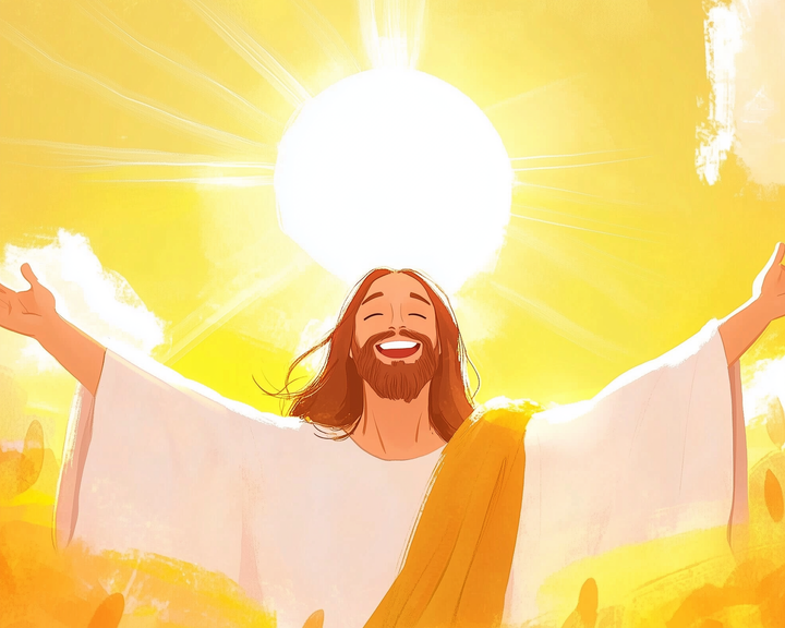 A joyful illustration of a bearded man with long hair, wearing a white robe and yellow sash, arms outstretched under a radiant sun, surrounded by a bright, yellow sky.