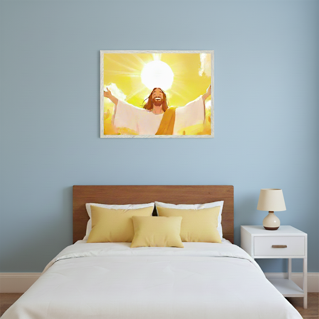 Modern bedroom with a bed featuring a wooden headboard, white bedding, and yellow pillows. A white nightstand with a lamp is to the right. A framed illustration of a smiling Jesus with outstretched arms against a bright yellow, radiant background hangs centered above the bed.