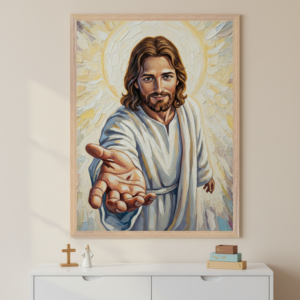 Modern room with a white dresser. A large framed impasto painting of Jesus Christ with a halo, extending his hand with a visible wound, hangs above the dresser. A small wooden cross and a figurine are on the dresser, with a stack of books to the right.