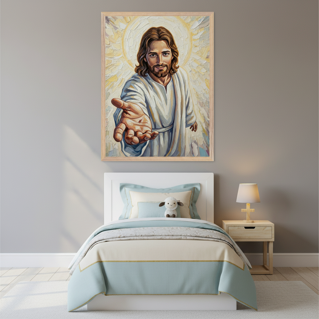 Kid's bedroom with a single bed, white headboard, and blue/beige bedding. A large framed painting of Jesus with an outstretched hand and golden halo hangs above the bed. A light wood nightstand with a cross-shaped lamp is to the right.