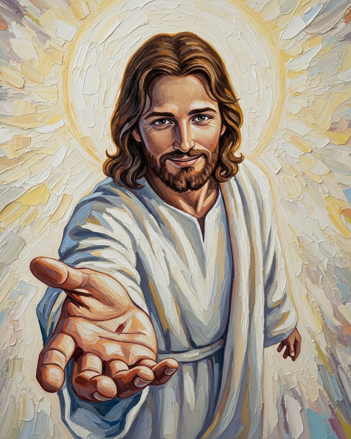 A painting depicts a serene figure with long hair and a beard, wearing a white robe, extending a hand forward. A halo of light radiates behind the figure, creating a warm and inviting atmosphere.