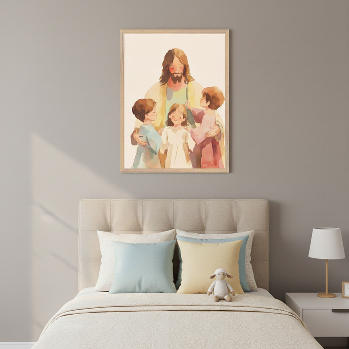 Kid's bedroom with a beige upholstered twin bed. A framed watercolor print of Jesus with four children, embracing them, hangs above the bed. A white nightstand with a lamp is on the right, and a lamb plushie rests on the bed.