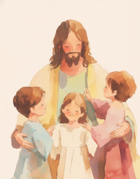 A gentle illustration depicts a bearded man in a robe embracing three smiling children, each wearing colorful garments, against a soft, light background.