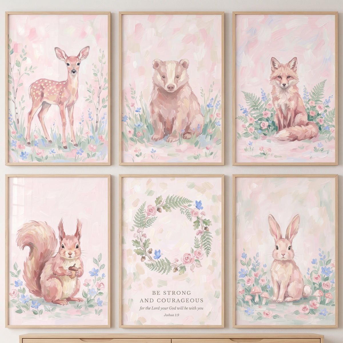 Pastel woodland animal prints and a joshua scripture forest nature wall art set of 6 with a verse.
