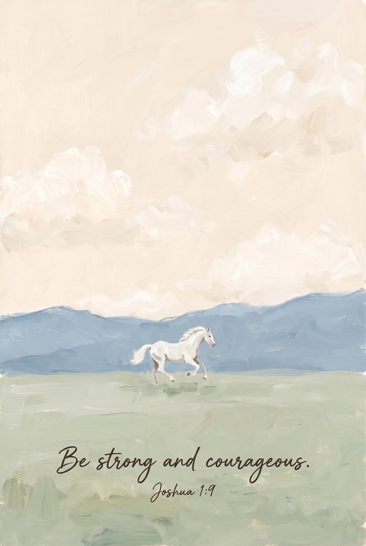 Joshua scripture white horse wall art shows a horse running by blue mountains with Be strong and courageous Joshua 1:9.