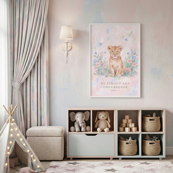 Nursery with joshua verse lion bible wall art above storage shelves with stuffed toys, woven baskets, and a play teepee.