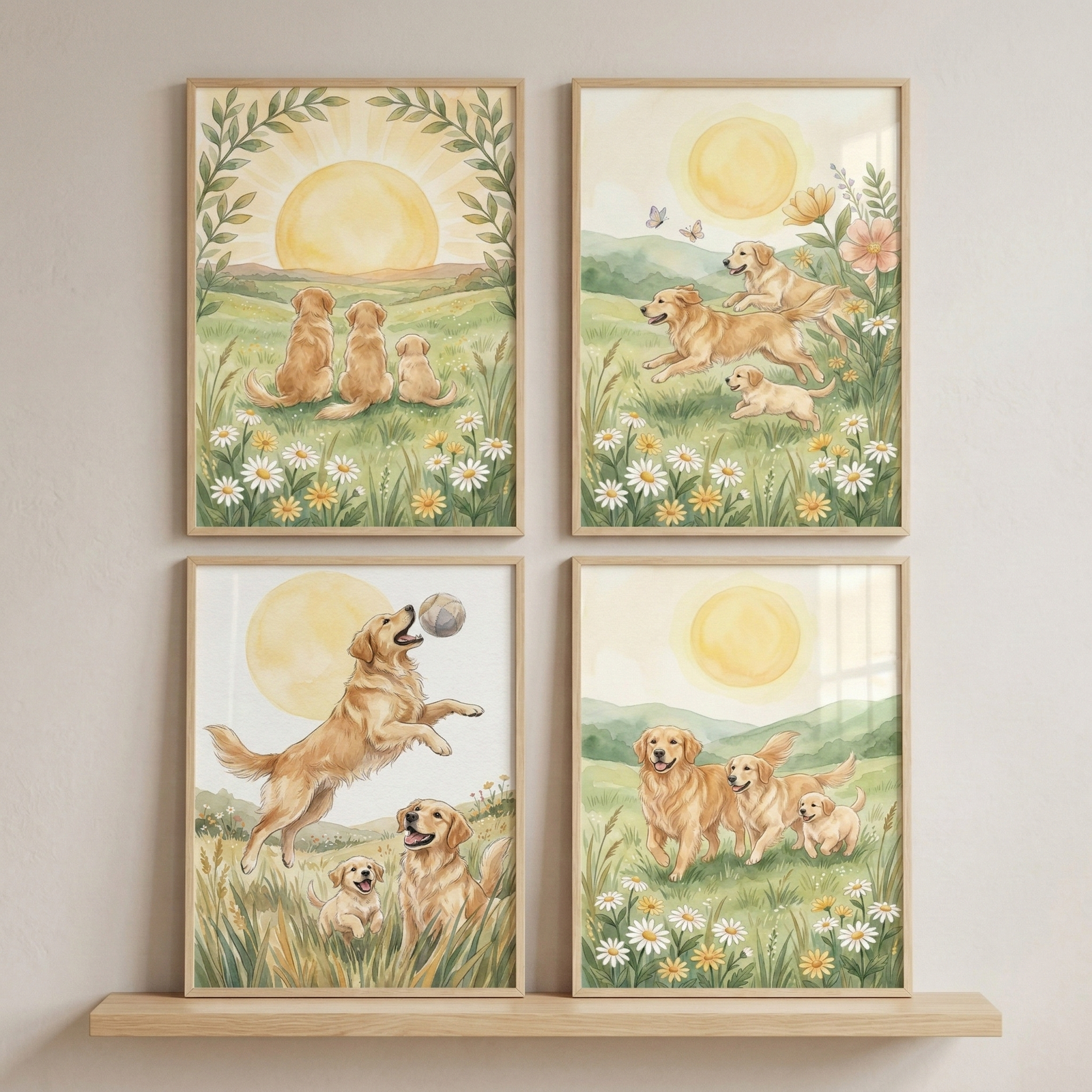 Four framed watercolor-style illustrations are arranged in a square grid on a light wall above a wooden shelf. Each piece features a family of three golden-colored dogs—two adults and one puppy—in a serene, green meadow under a soft, large yellow sun. The dogs are shown in various poses: sitting and looking at the horizon, running through tall grass, jumping to catch a ball, and walking together. Each scene is accented with clusters of white and yellow daisies and rolling green hills.