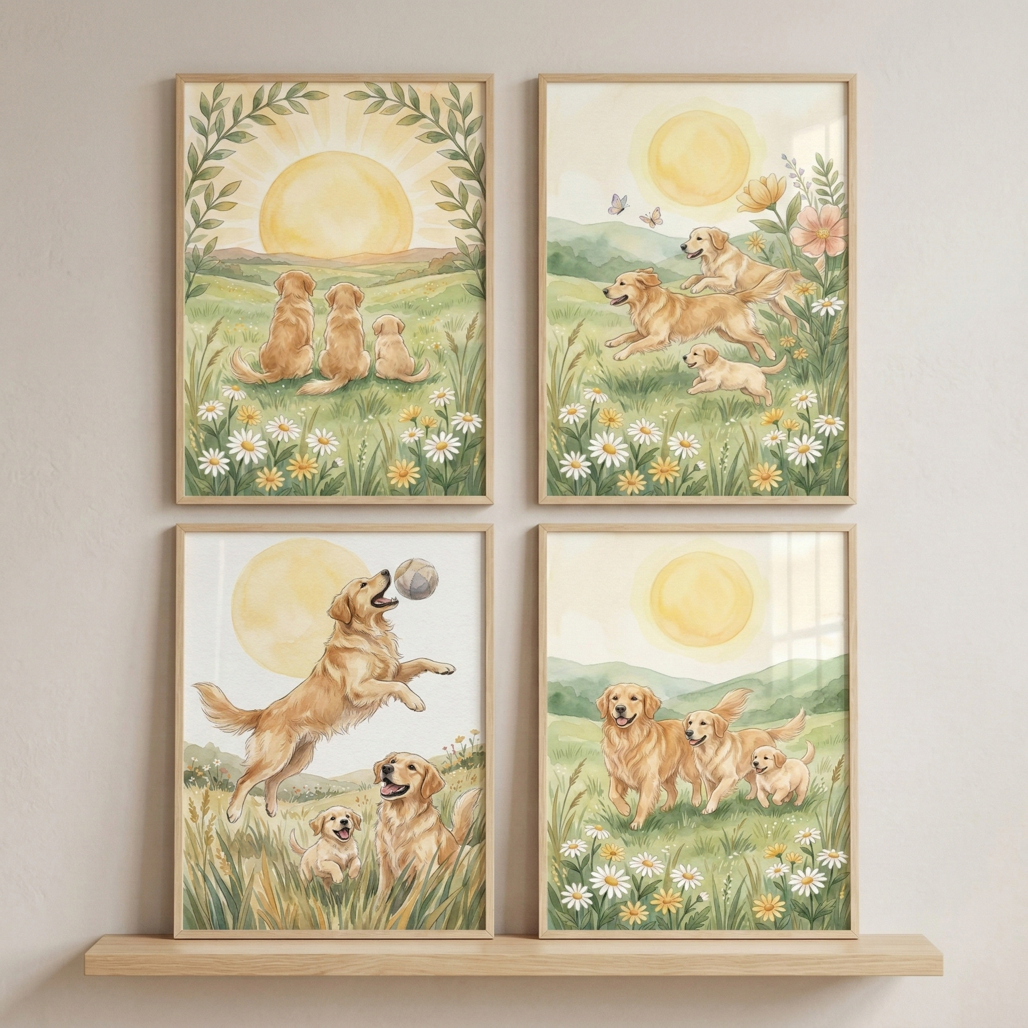 Joyful Golden Retriever Wall Art Set of 4 - Golden Meadow Joy