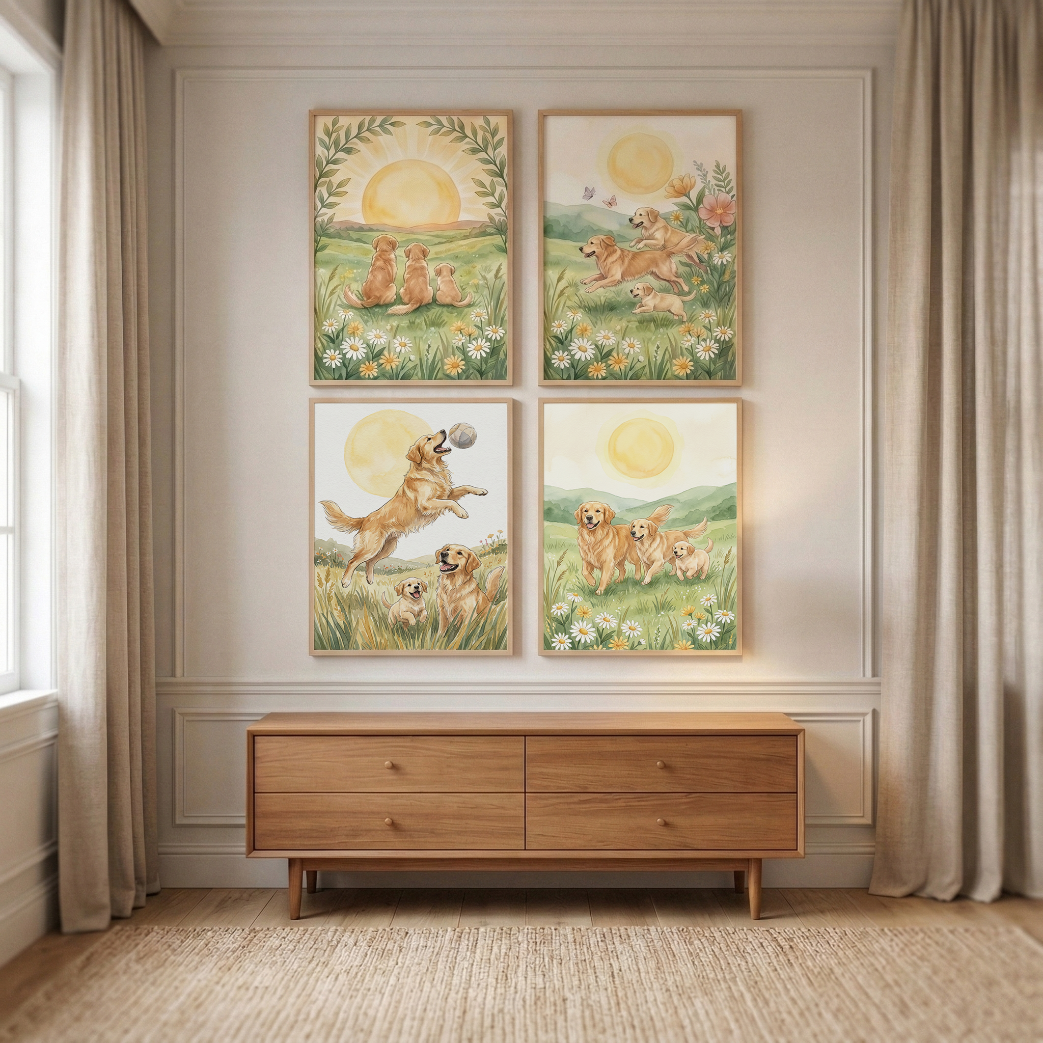 Joyful Golden Retriever Wall Art Set of 4 - Golden Meadow Joy
