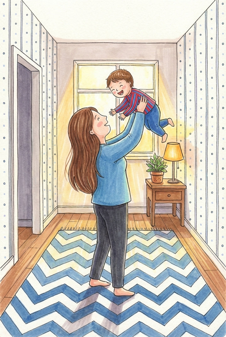 Soft watercolor illustration of a mother in a blue sweater lifting a laughing young child into the air in a narrow hallway. The child wears a red and blue striped top with blue pants, and the room includes a blue zigzag rug, striped wallpaper, a glowing window, and a small table with a lamp and plant.

