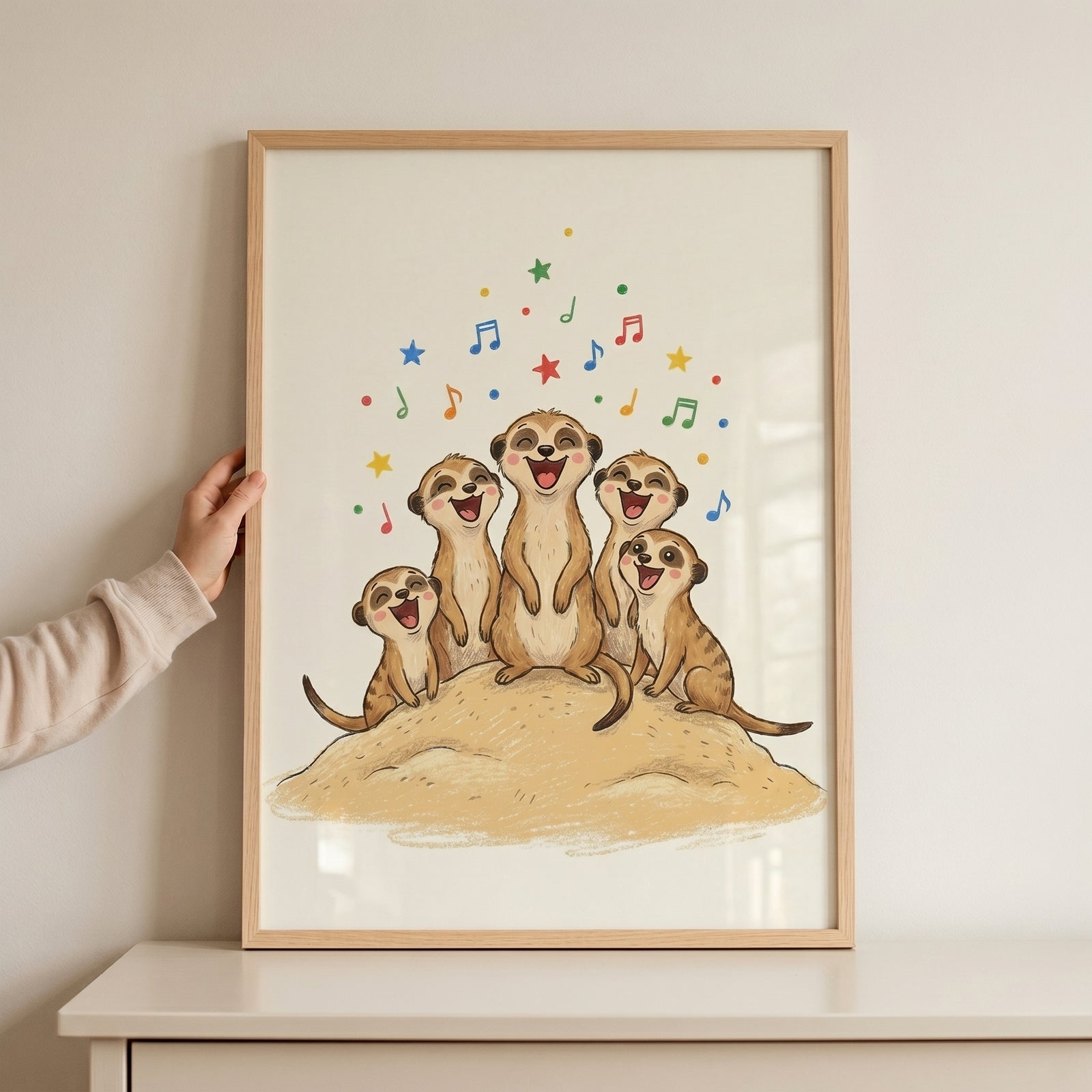 Joyful singing savanna meerkats wall art features five happy cartoon animals on a sand mound under colorful music notes.