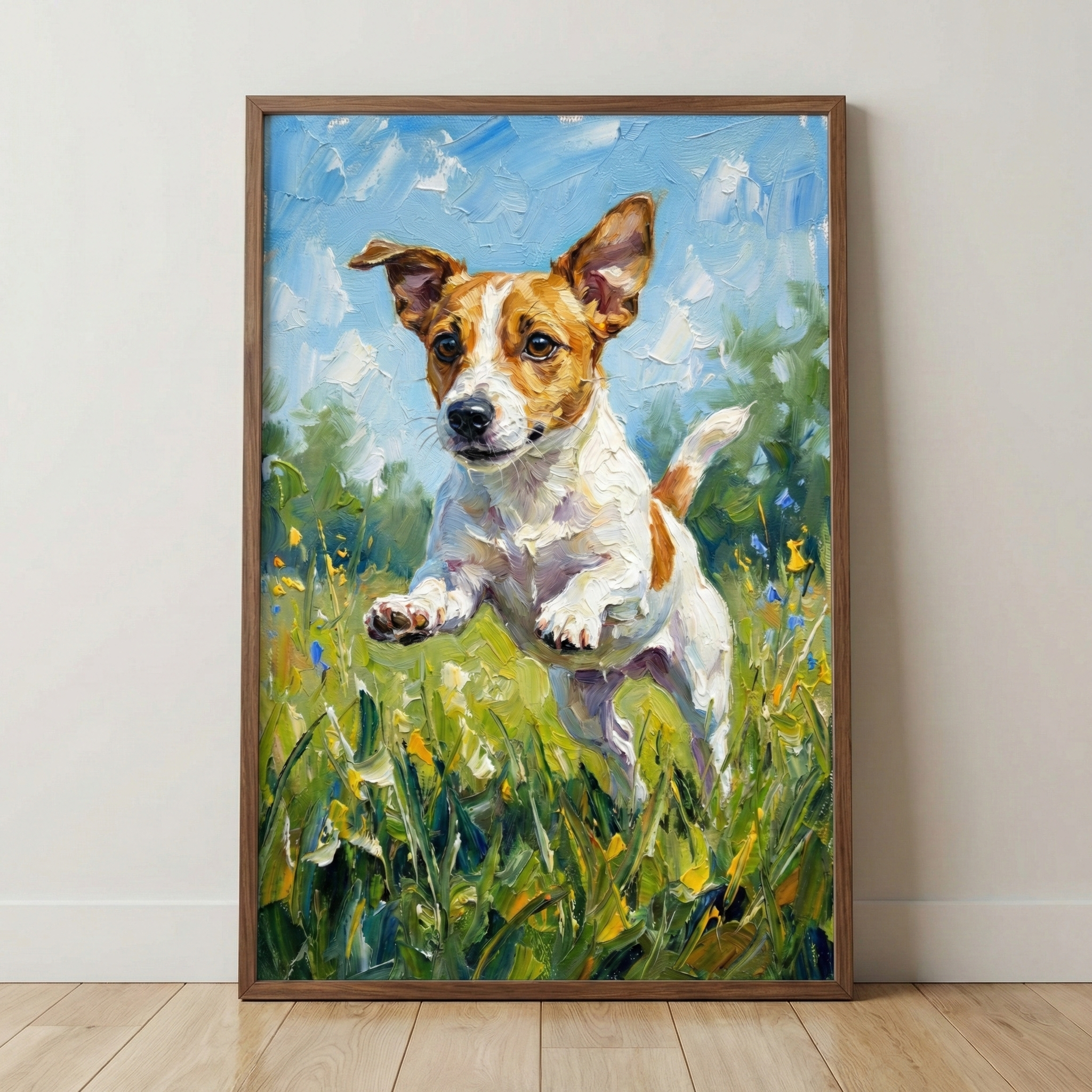 A vertical framed artwork leaning against a white wall shows a small white and brown dog mid-leap in a sunny meadow. The dog, resembling a terrier, has an alert, happy expression and is captured jumping through tall green grass dotted with yellow and blue wildflowers. The background features a bright blue sky with textured white clouds. Thick, expressive brushwork adds a sense of energy and motion to the scene. The piece is set in a simple wood-tone frame on a light-colored wood floor.