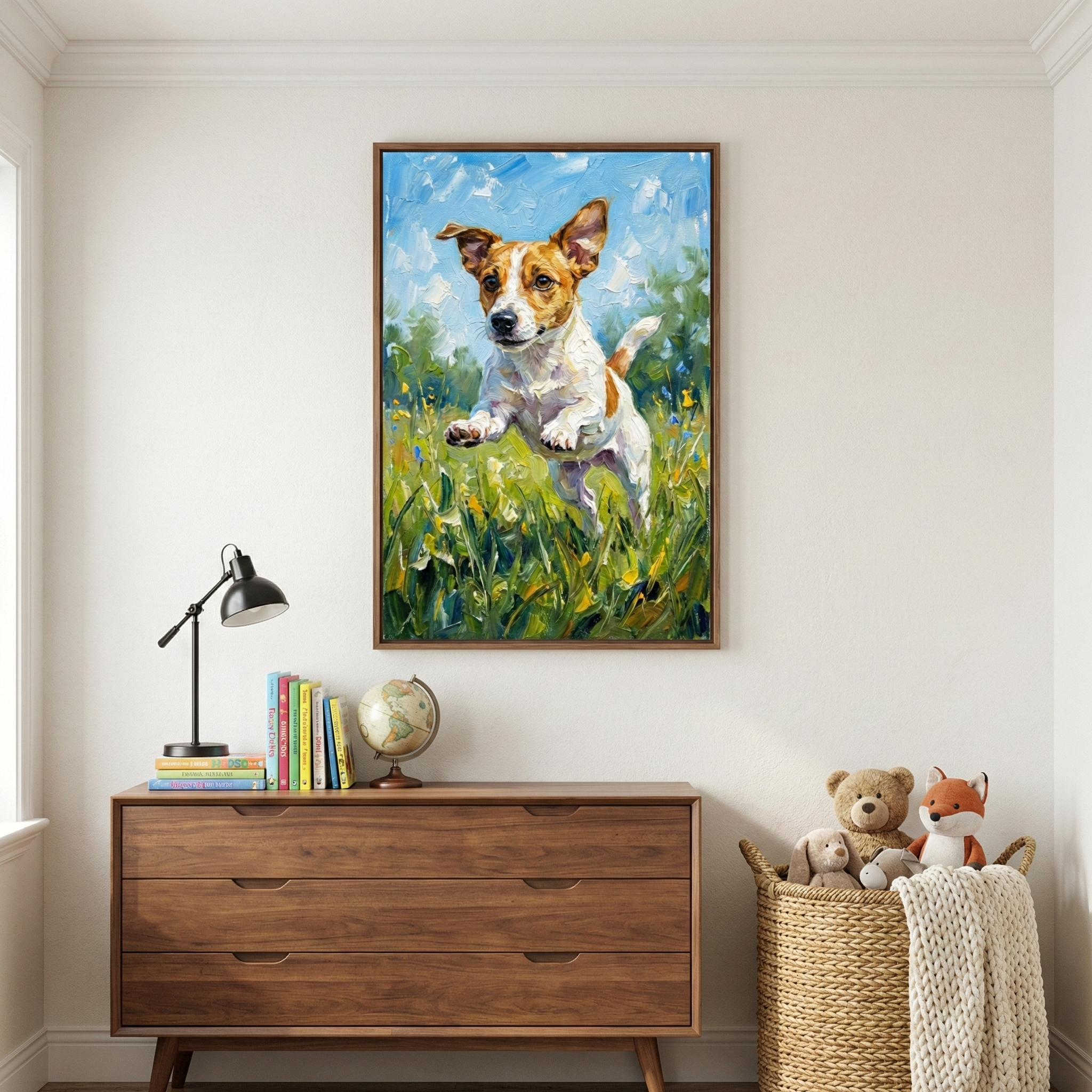 Framed impressionist style wall art of a brown and white puppy mid leap through tall green grass dotted with small yellow flowers beneath a bright blue sky. The playful pose and textured brushstrokes create a joyful outdoor scene that adds warmth and personality to a child’s bedroom with wooden furniture and soft toys.