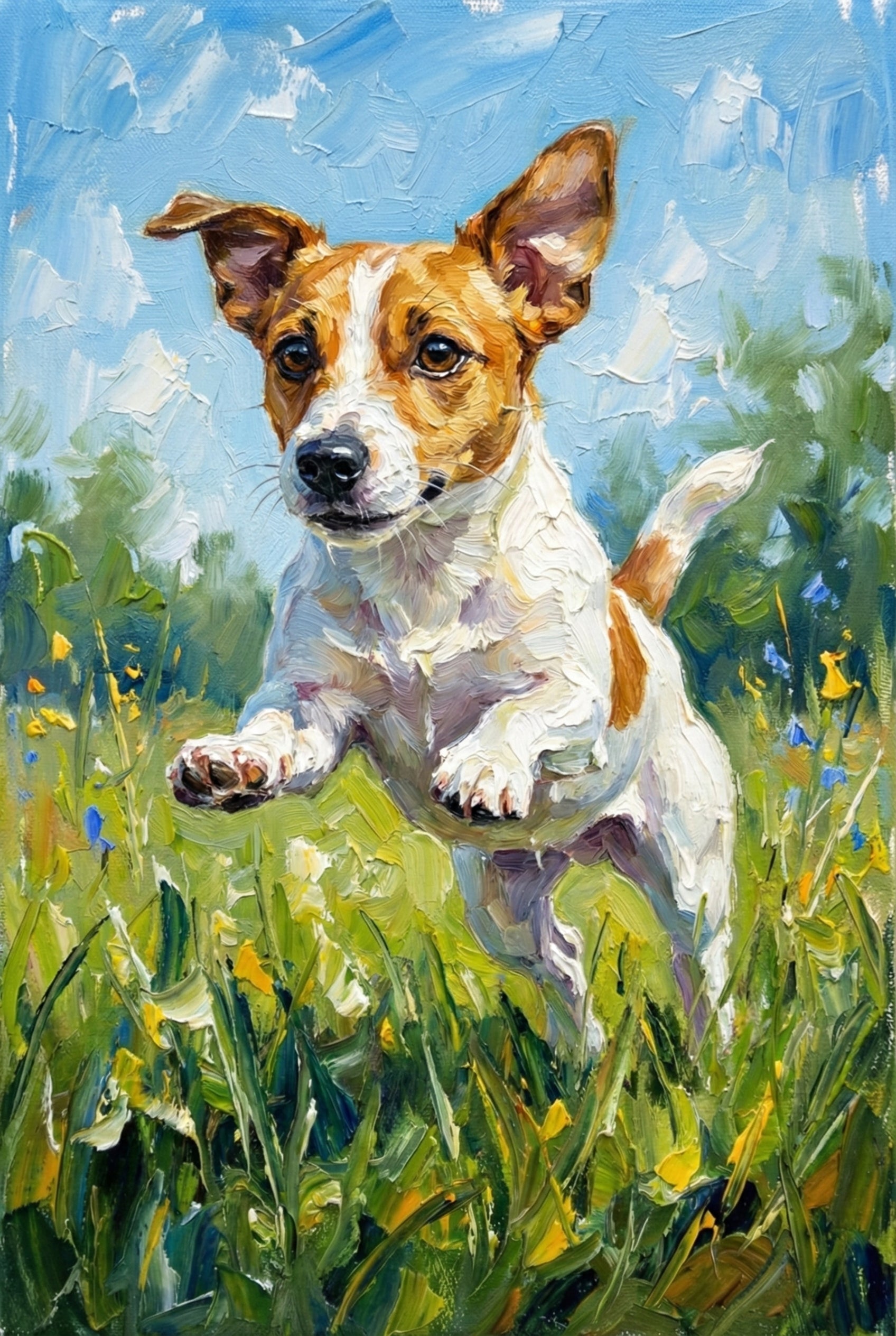 A textured, impasto-style artwork features a small brown and white dog leaping through a field of tall green grass and yellow wildflowers. The dog’s ears are perked up as it jumps toward the viewer. Thick, visible strokes of white, blue, and tan fill the background sky, while various shades of green and yellow define the field. The use of heavy, layered application gives the image a sense of depth and motion under a bright, sunlit sky.