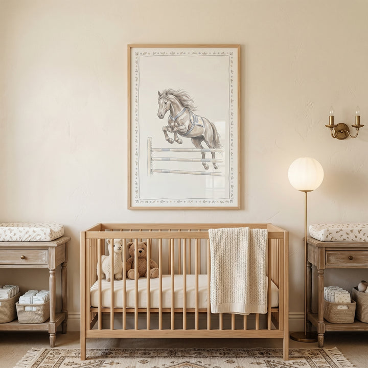 Wooden crib and jumping horse wall art in a neutral nursery with side tables, stuffed animals, and a warm floor lamp.