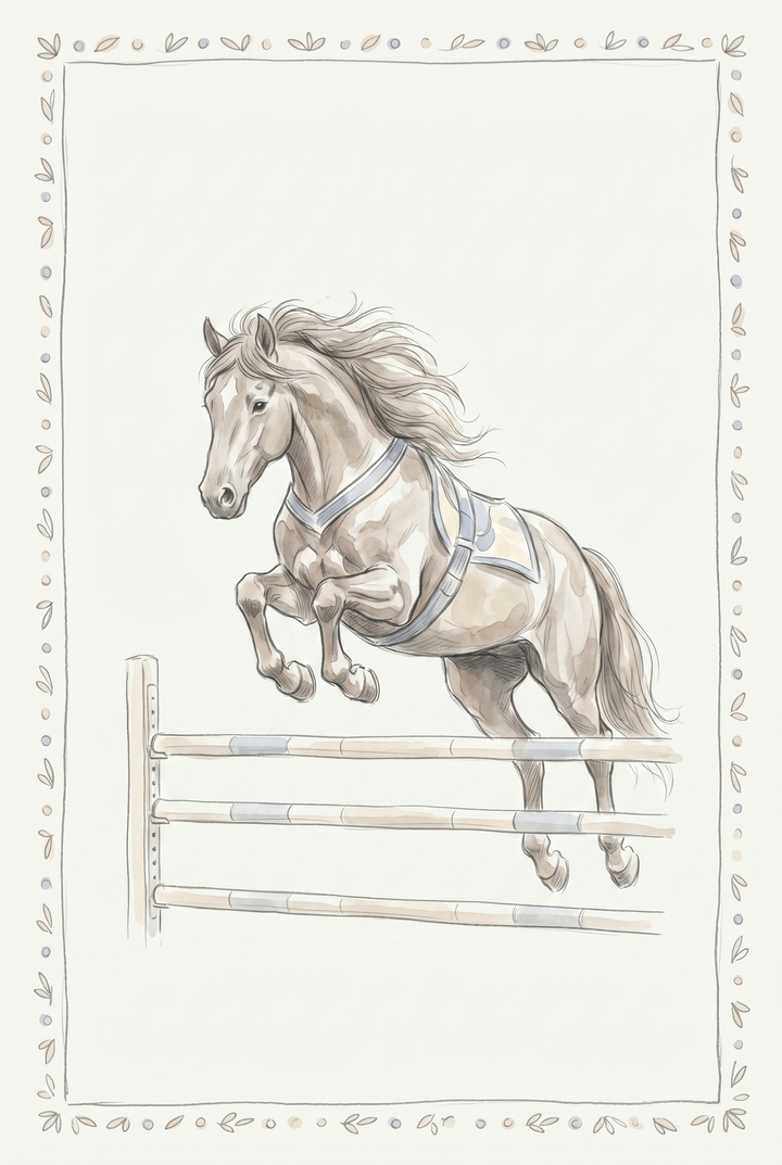 A tan horse leaps over hurdles in this soft-toned jumping horse wall art with a decorative leaf border.