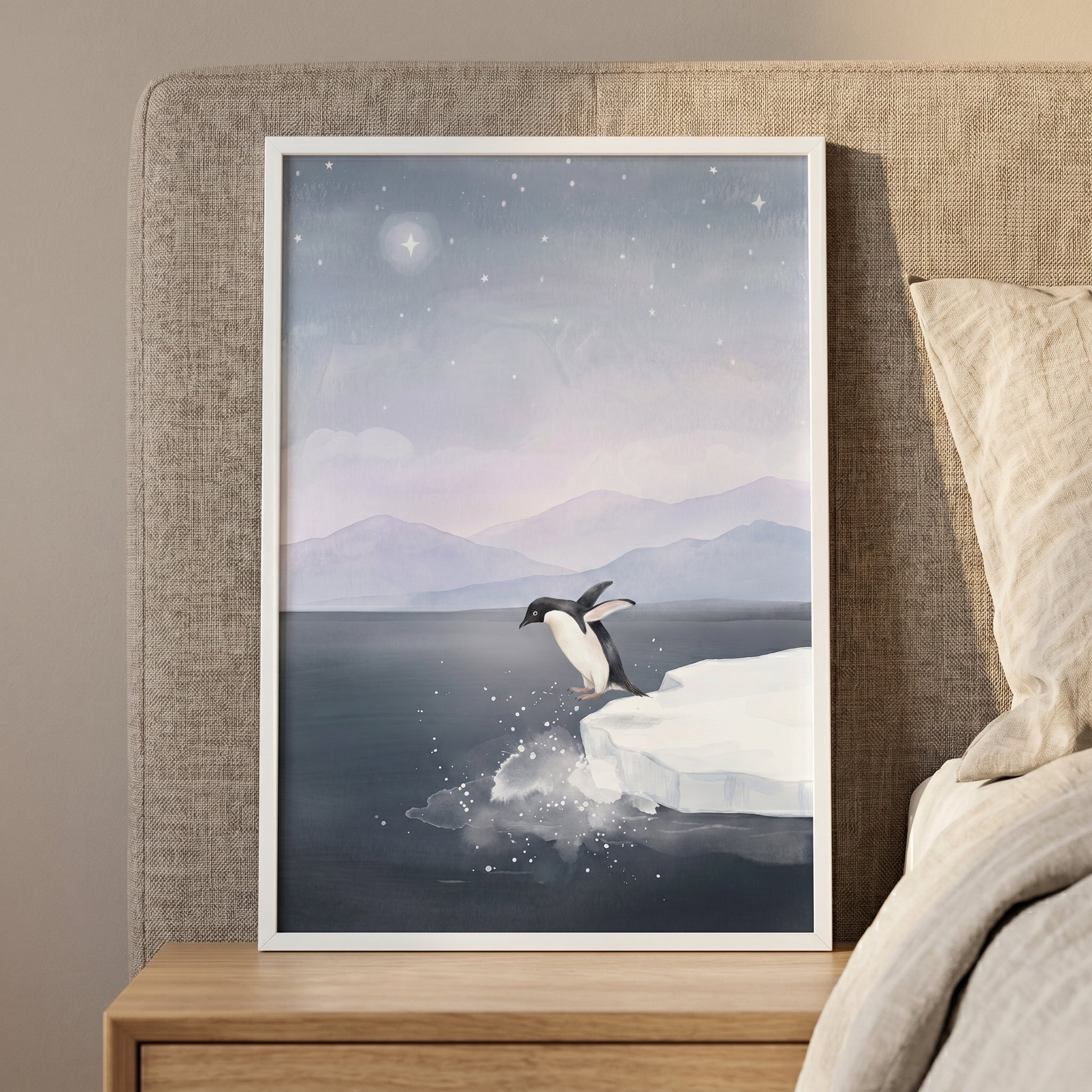 Jumping Ice Floe Penguin Wall Art - Starry Arctic Leap
