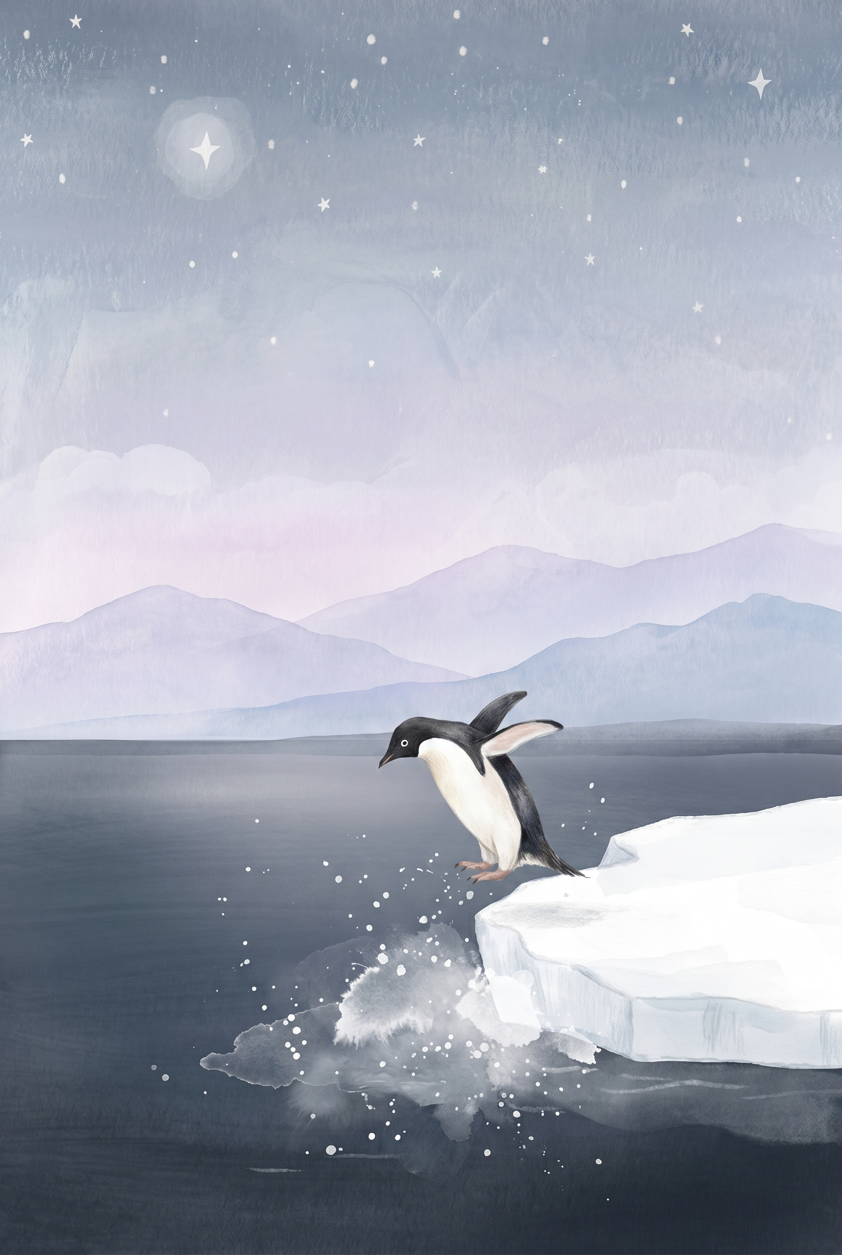 Jumping Ice Floe Penguin Wall Art - Starry Arctic Leap