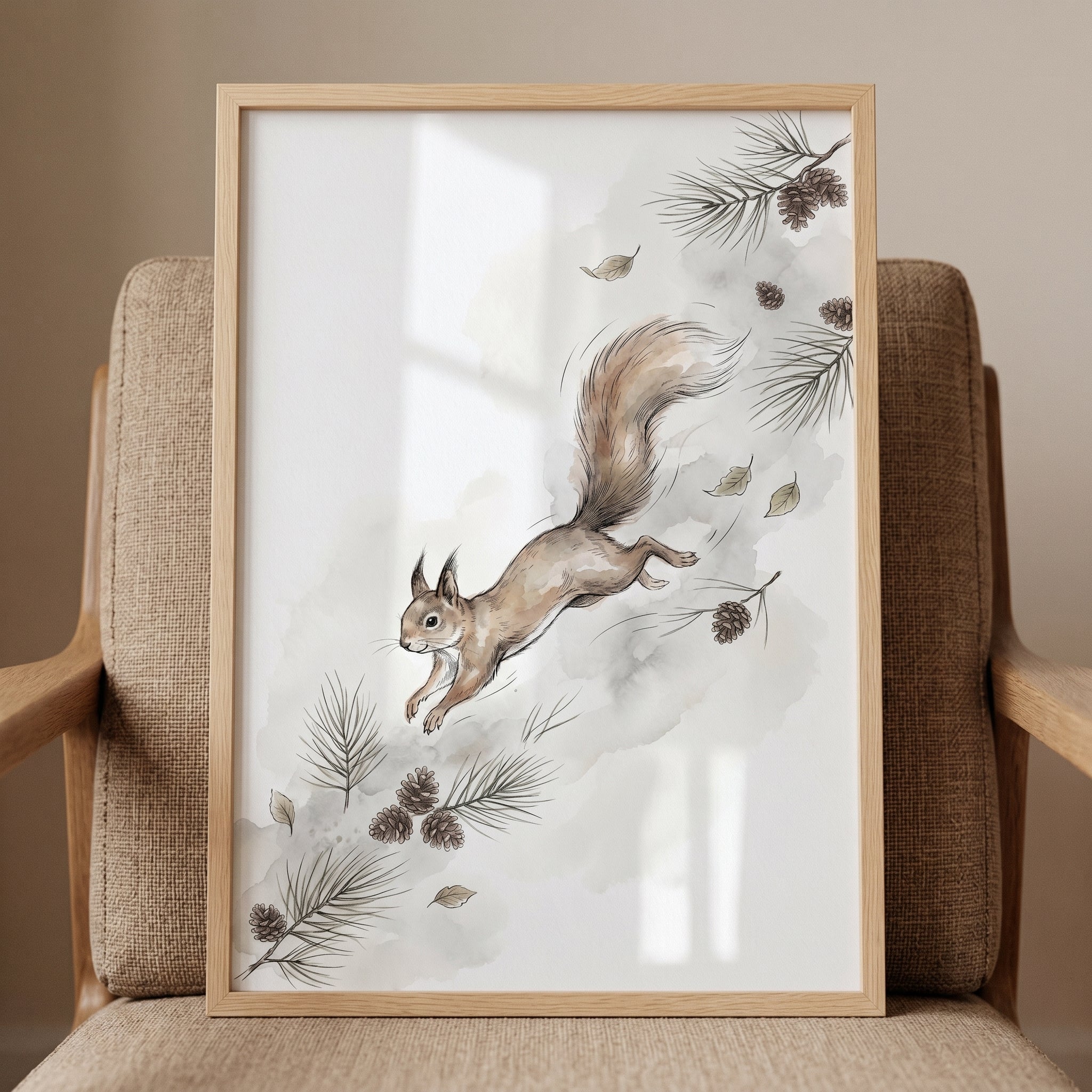 Jumping Pinecone Woodland Squirrel Wall Art - Squirrel Forest Leap
