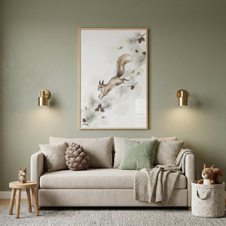 Beige sofa below jumping pinecone woodland squirrel wall art in an olive green room with gold sconces and a toy basket.