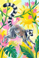 An expressive illustration of a ring-tailed lemur leaping through a vibrant, stylized jungle. The lemur, with its signature black-and-white striped tail held high, is captured mid-air against a large, bright yellow sun. Thick, visible brushstrokes create a sense of movement and texture throughout the piece. The background is a mix of sunny yellow, soft blue, and pink, adorned with winding green vines, large tropical leaves, and pops of bright pink flowers.