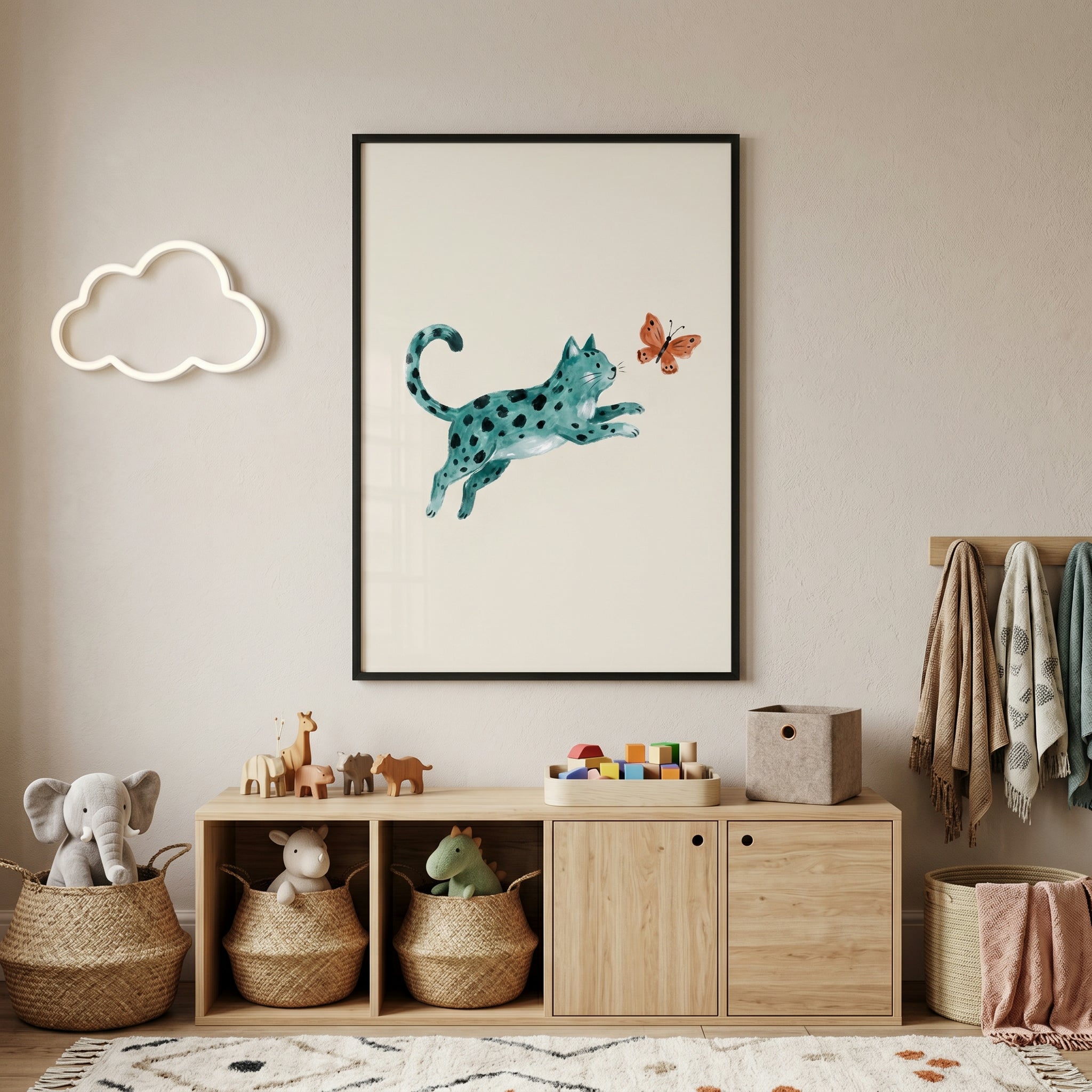 Jumping Teal Spotted Cat Wall Art - Teal Pounce Pursuit