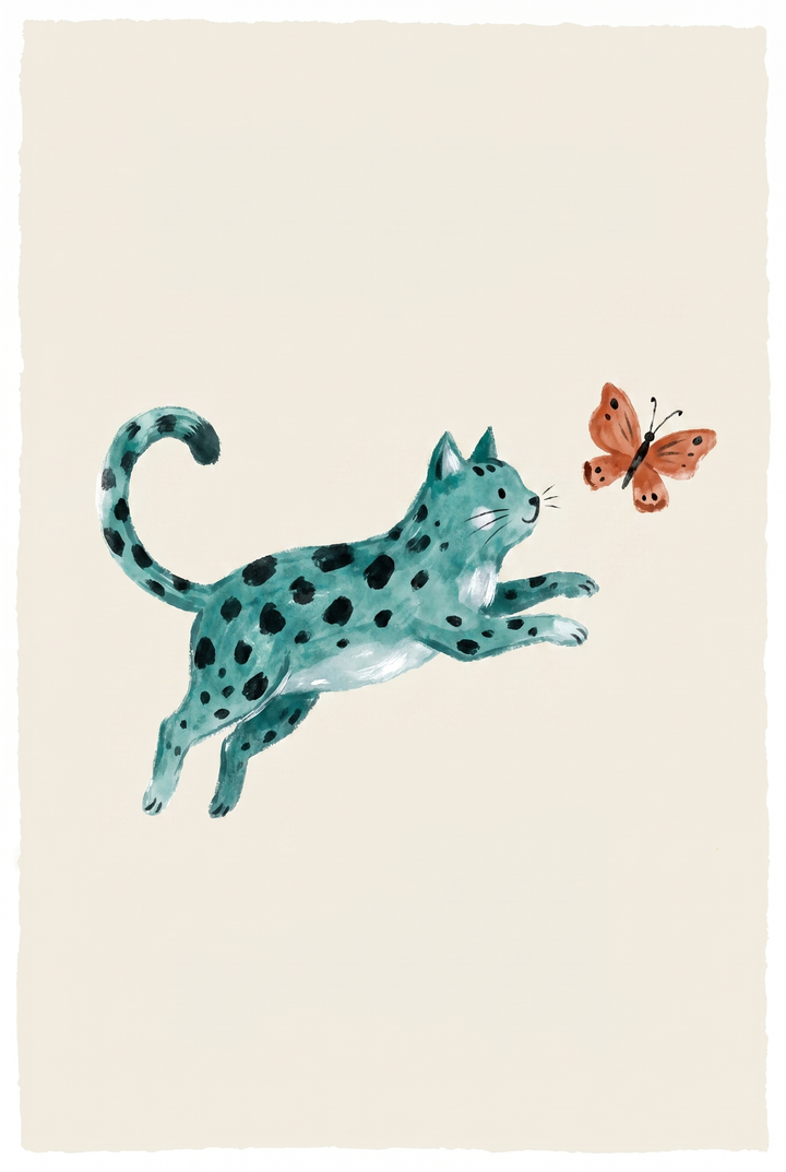 Jumping teal spotted cat wall art leaping toward a small orange butterfly on a cream background.