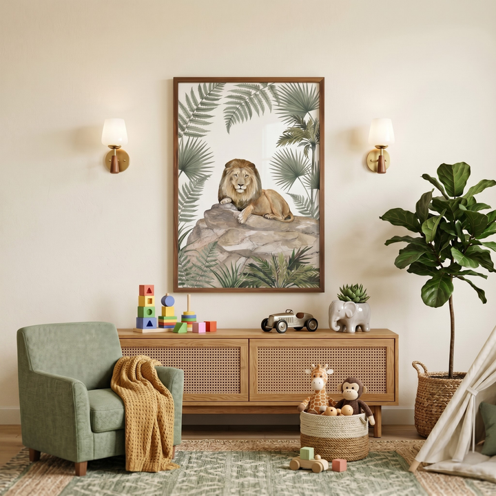 Jungle foliage lion wall art above a wooden cabinet in a safari nursery with a green armchair, rug, and animal toys.