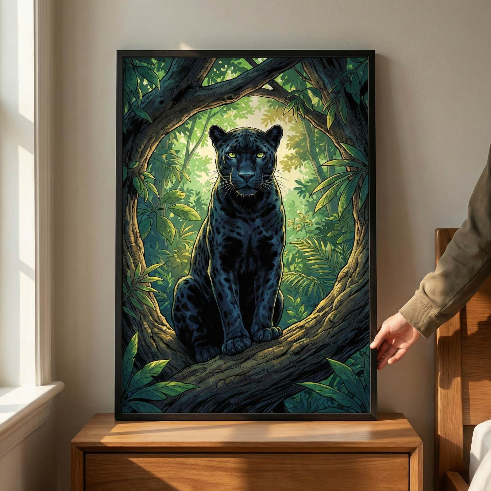 A framed illustration of a black wild cat with glowing yellow eyes sitting on a thick tree branch. The animal has subtle blue rosettes on its dark fur and is centered in a lush green jungle scene with sunlight filtering through the leaves. The artwork, in a black frame, sits on a wooden nightstand next to a bed. A person's hand is visible on the right side of the frame. Natural light from a window on the left illuminates the entire indoor setting.