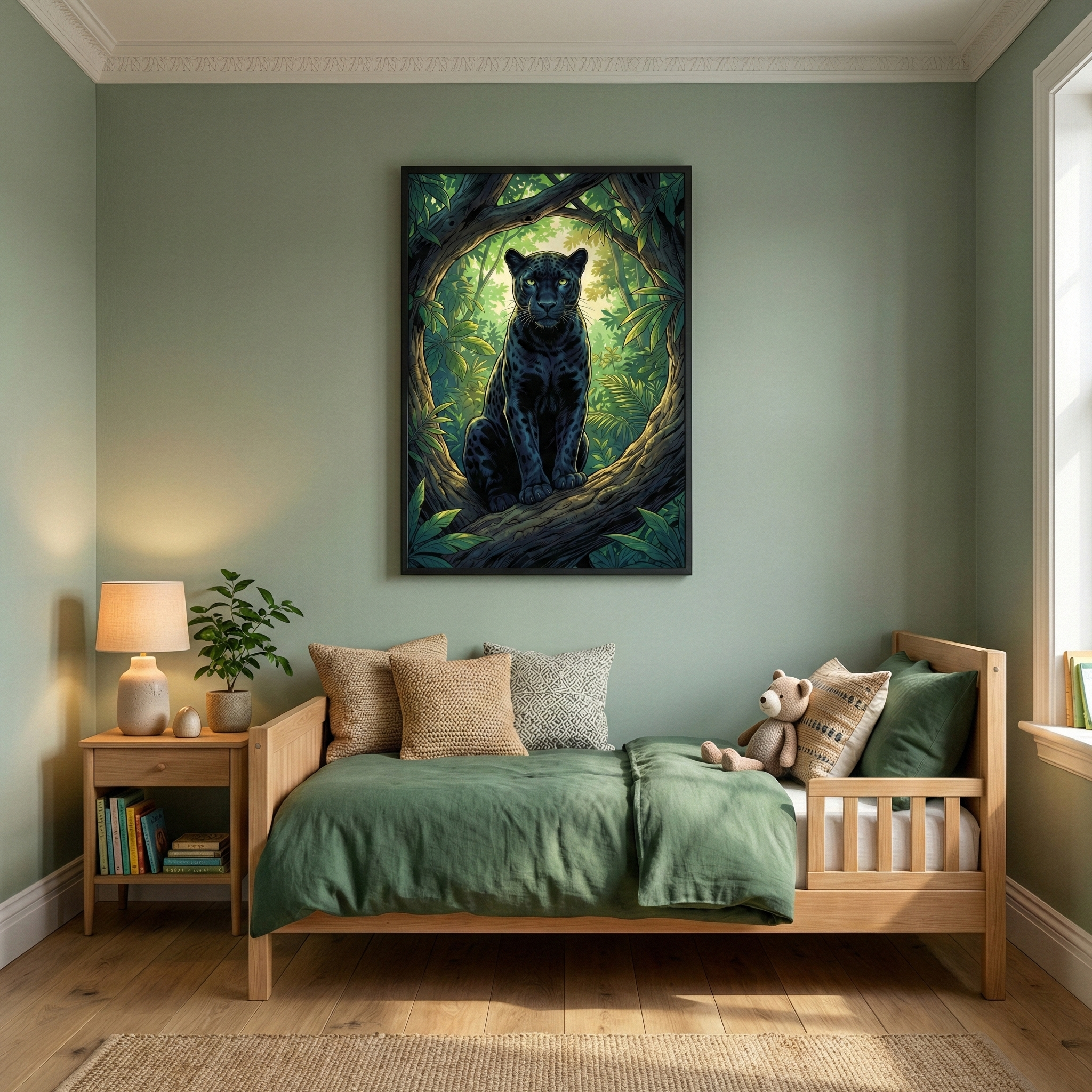 A cozy bedroom features a wooden bed with green bedding and patterned cushions, accompanied by a plush teddy bear. A bedside table with a lamp and a small plant stands nearby. Above the bed hangs a striking painting of a black panther nestled in lush, green foliage, adding a touch of wild beauty to the room.