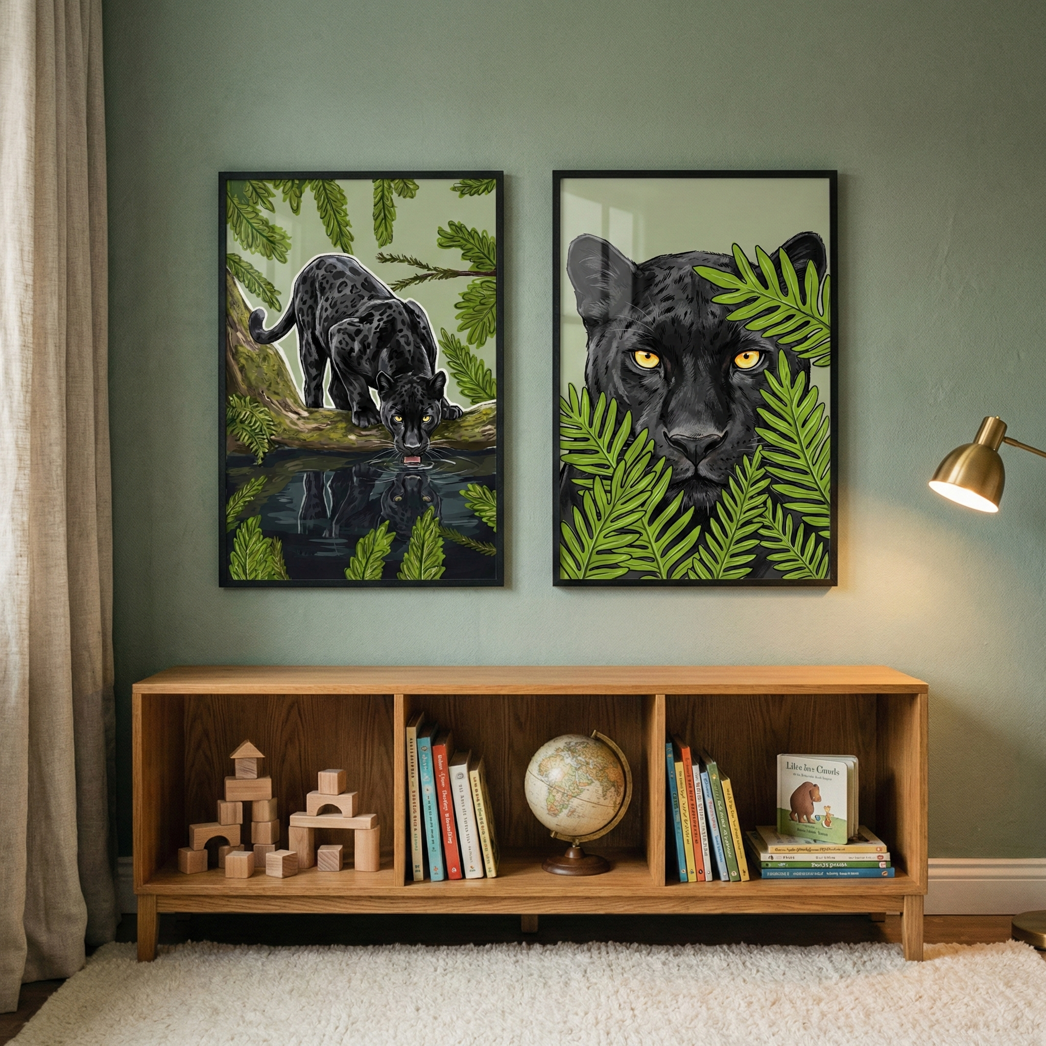 Jungle Panther Wall Art Set of 2 - Deep Jungle Shadows