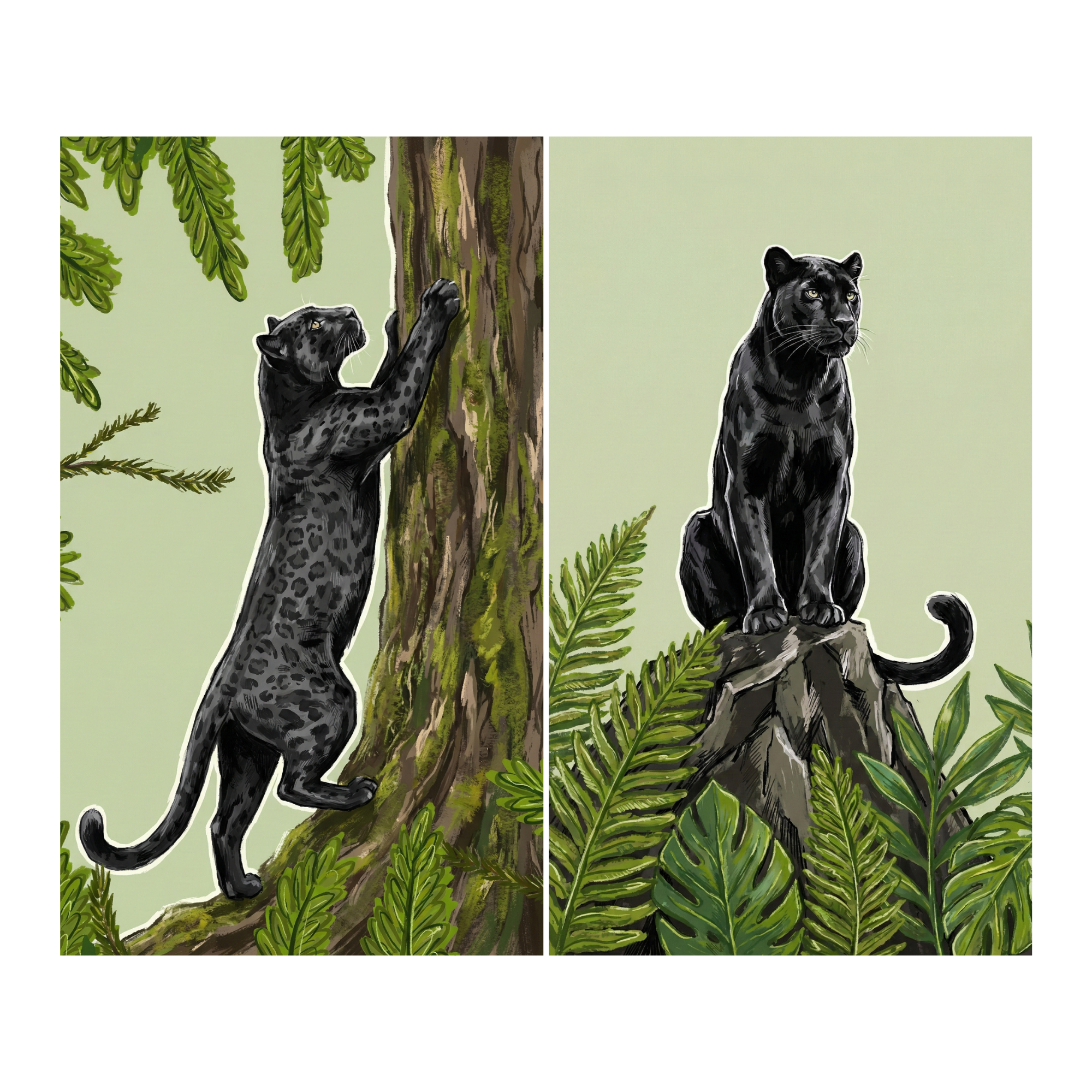 A bold jungle wall art diptych featuring a sleek black panther in lush green rainforest surroundings. One panel shows the panther stretching its claws against a moss covered tree trunk, while the other captures it perched alertly on a rock framed by layered tropical leaves. Deep emerald greens and rich black tones create a striking wildlife statement piece perfect for kids rooms, safari themed spaces, or modern interiors for adults.