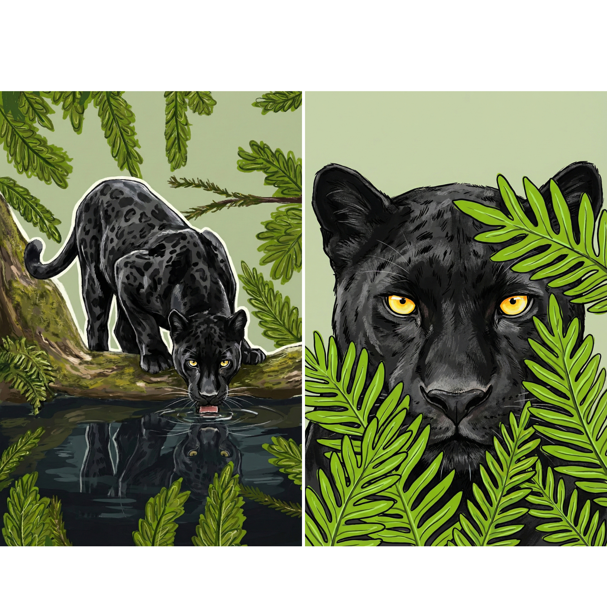A dramatic jungle wall art diptych featuring a sleek black panther surrounded by lush green tropical foliage. One panel shows the panther crouched on a moss covered branch as it drinks from a still forest pool with its reflection visible in the water, while the other captures an intense close up of its golden eyes framed by layered fern leaves. Rich emerald greens and deep black tones create a bold wildlife statement piece perfect for kids rooms, safari themed spaces, or modern interiors for adults.