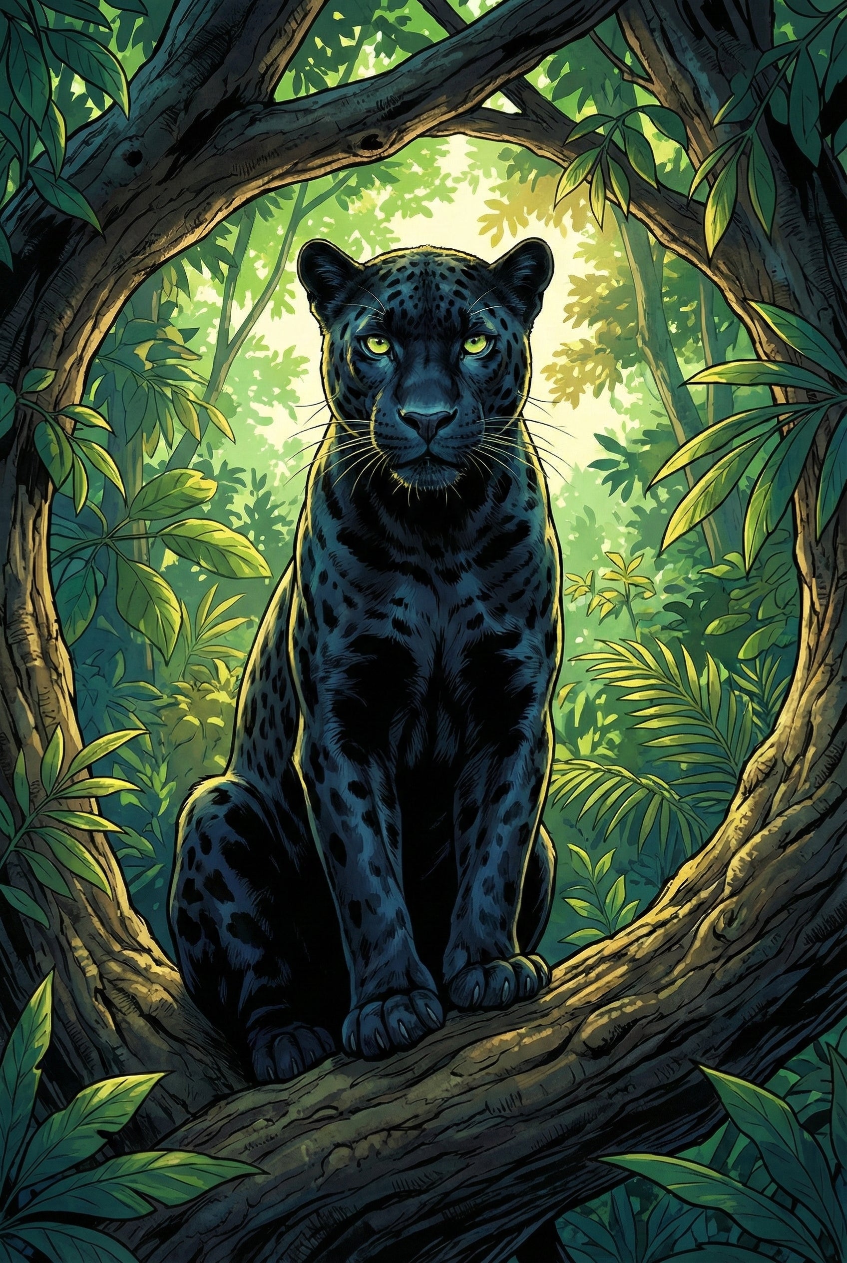 A melanistic big cat sits majestically on a thick tree branch, framed by a circular opening in the forest canopy. Its dark fur is rendered in deep blues and blacks, revealing faint spotted patterns. The animal's intense yellow eyes gaze forward. Surrounded by lush, vibrant green jungle foliage, the scene is backlit by a soft, golden glow that illuminates the leaves. This digital illustration features bold, graphic outlines and rich, saturated colors, capturing a sense of quiet power.