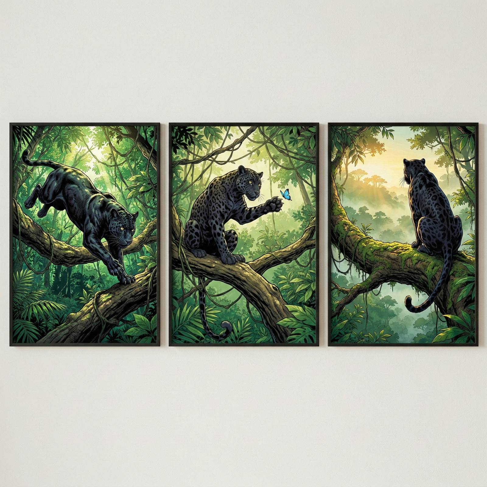 Three framed vertical illustrations sit on a dark wood surface. Each depicts a sleek black panther in a lush jungle setting. In the left panel, a panther crawls down a thick branch. The center panel shows a panther sitting and reaching out toward a small blue butterfly. In the right panel, a panther sits with its back to the viewer, looking over a misty, sunlit forest valley. The art style is detailed with vibrant greens and soft lighting, capturing a tranquil jungle atmosphere.