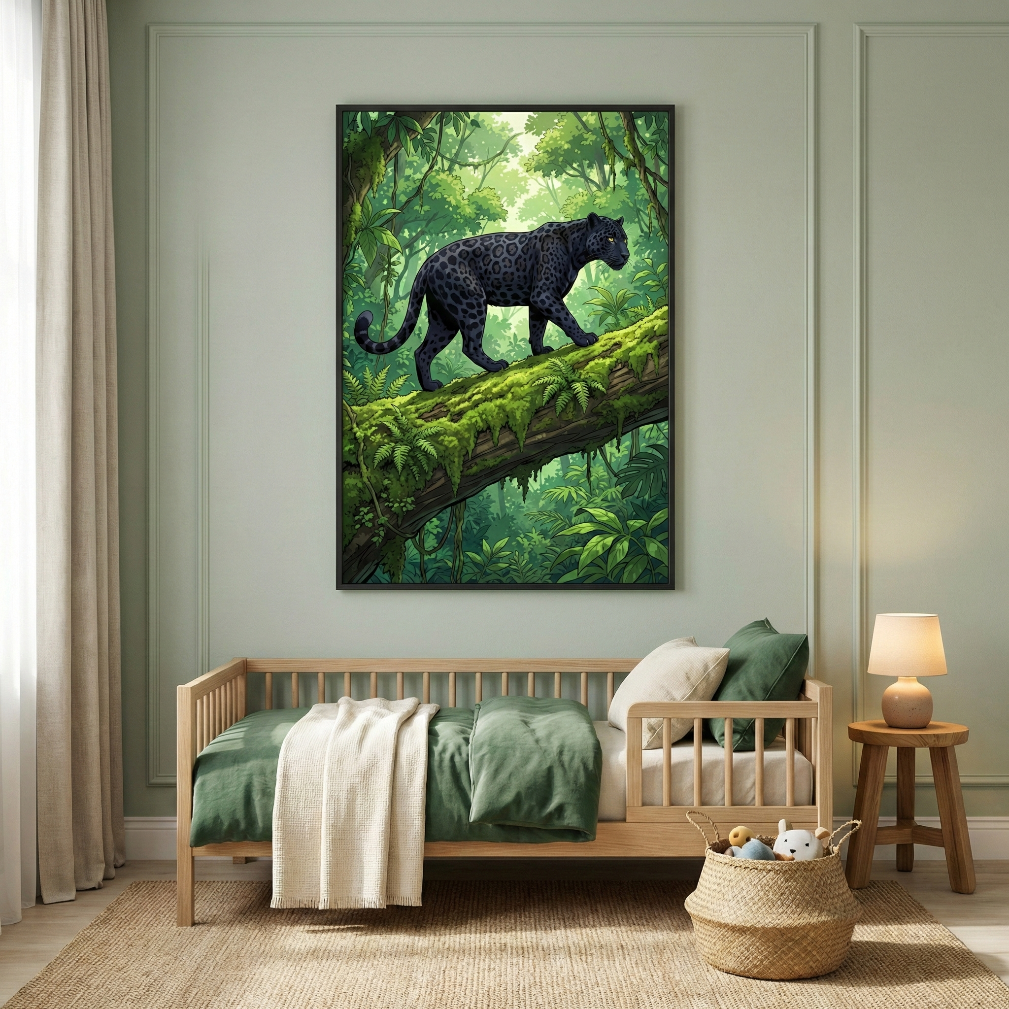 A vertical artwork in a black frame hangs on a sage green wall above a child’s wooden bed. The image depicts a black panther with subtle spotting walking along a mossy fallen tree trunk in a lush green jungle. The bed features sage green and cream-colored bedding with a soft throw. Below, a textured rug covers the floor. A woven basket with toys sits nearby, and a small wooden side table holds a lit lamp. Soft light enters through beige curtains on the left.