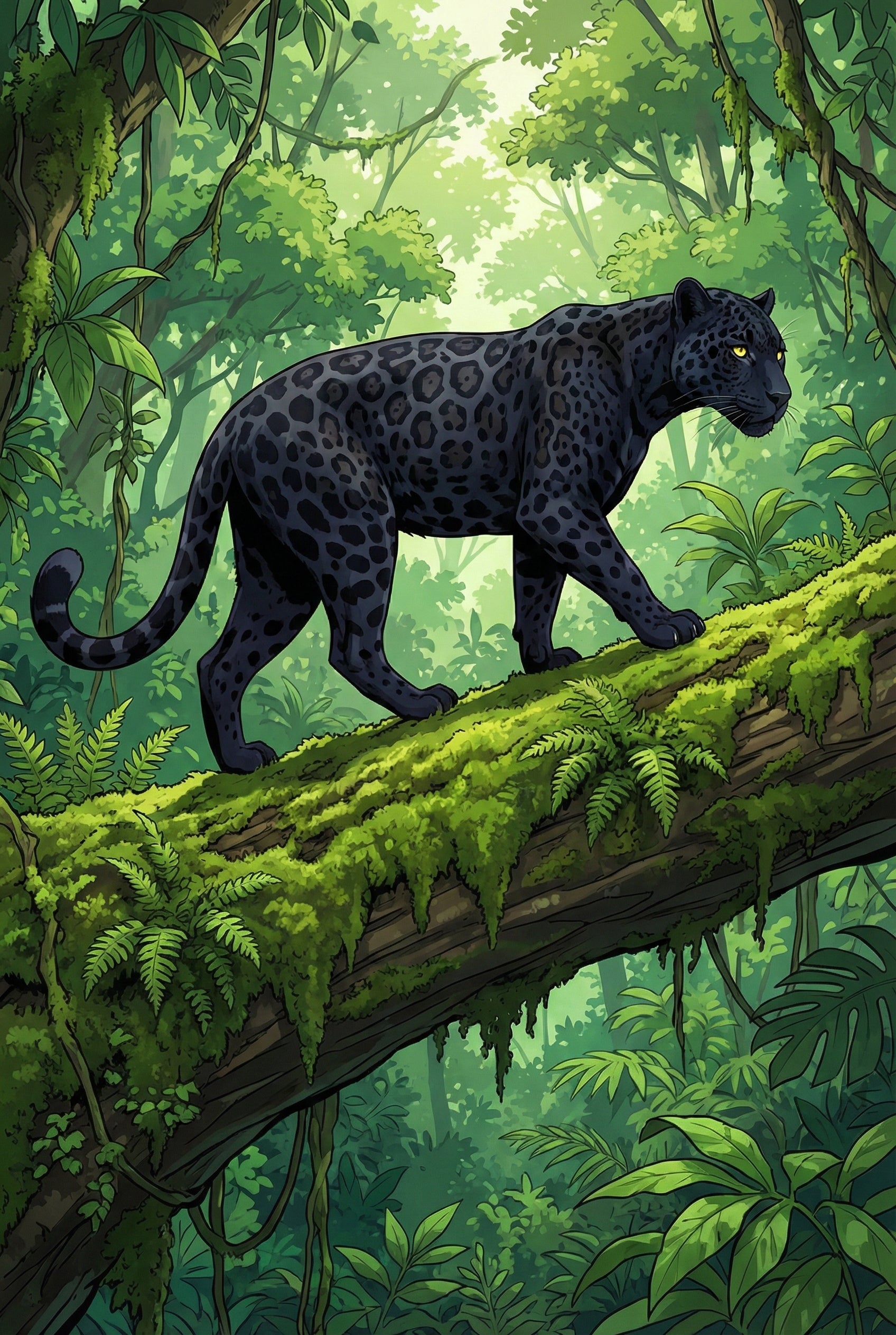 A detailed digital illustration depicts a large black feline with faint darker rosettes walking across a thick, moss-covered fallen tree. The log stretches diagonally through a lush, verdant rainforest filled with dense tropical foliage, hanging vines, and various ferns. Sunlight filters through the thick canopy above, casting a soft, golden-green glow over the scene. The artwork features clean lines and a vibrant color palette, capturing the serene atmosphere of the jungle.
