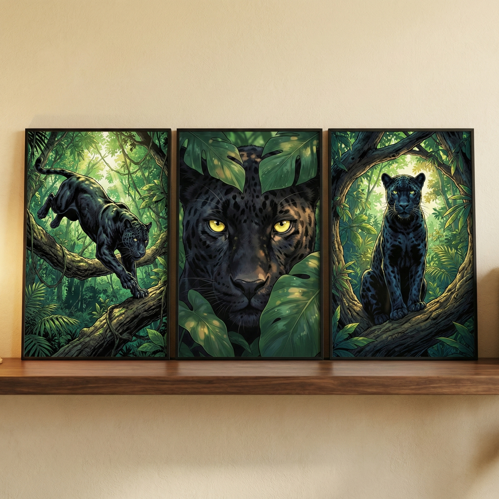 A set of three framed vertical art panels on a wooden shelf depicts a sleek black panther in a dense, sunlit jungle. On the left, the animal climbs down a thick tree limb. The center panel is a close-up of its face with piercing yellow eyes peering through large green leaves. The right panel shows the panther sitting on a branch, framed by lush tropical foliage. The artwork features deep greens and dark tones, accented by golden light filtering through the trees.