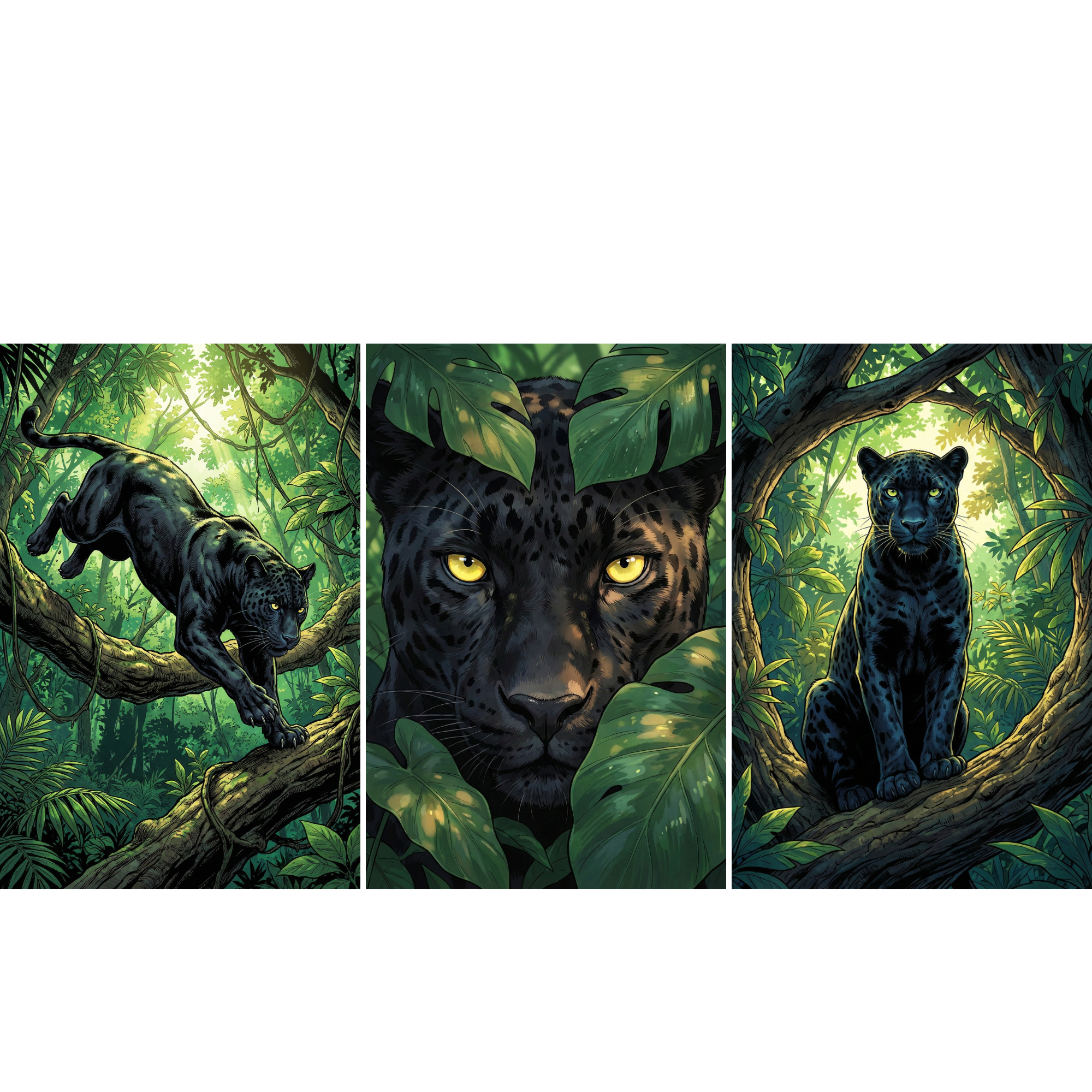 A bold jungle wildlife wall art triptych featuring a sleek black panther moving confidently through dense rainforest foliage. One panel shows the panther prowling along a moss covered branch, the center captures an intense close up of its golden eyes framed by glossy green leaves, and the final panel shows it sitting alert on a sturdy tree limb surrounded by layered tropical greenery. 