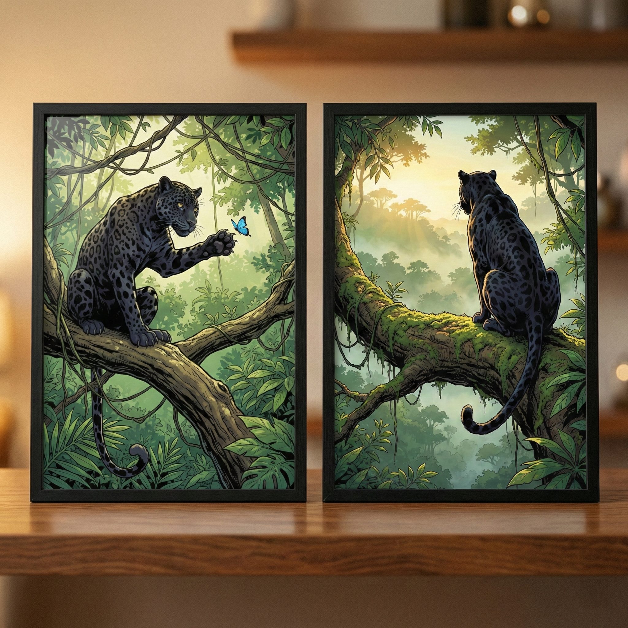 Two black-framed digital illustrations of a black panther are displayed side-by-side on a wooden surface. The left image shows the spotted big cat sitting on a large tree branch in a lush green jungle, reaching out toward a small blue butterfly. The right image depicts the animal from behind, perched on a mossy branch and gazing out over a misty, sun-drenched jungle landscape. Both scenes feature dense tropical foliage, hanging vines, and soft, atmospheric lighting.
